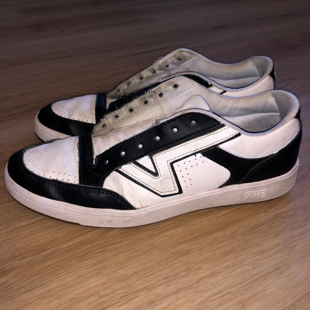 VANS LOWLAND CC COMFYCUSH LEATHER LOW SKATE SHOES BLACK WHITE MENS SIZE 10.5